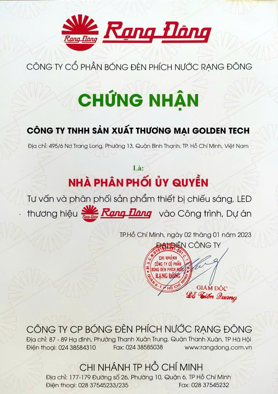 Giấy chứng nhận phân phối Rạng Đông chính hãng