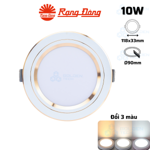 Đèn LED Âm trần Downlight Viền vàng Đổi 3 màu Rạng đông AT10 ĐM 90/10W