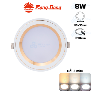 Đèn LED Downlight Âm trần viền vàng Đổi 3 màu Rạng đông AT26 ĐM 90/8W
